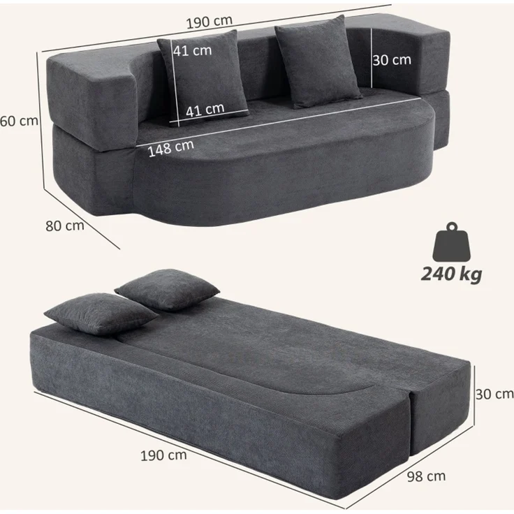 Wohnora-Schlafsofa, Bodensofa ohne Gestell mit dickem, hochdichtem Schaumstoff, breitem und tiefem Sitz, dunkelgrau,H 60cm x T 190cm x B 80cm,Dunkelgrau – Bild 1