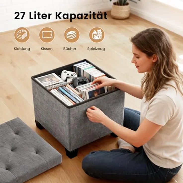 Sweetcrispy Sitzhocker mit Stauraum, 38 x 38 x 38 cm, Kleine Klappbare Sitzbank, Aufbewahrungsbox mit Deckel als Hocker & Fußbank, bis 300 kg belastbar, für Flur Wohnzimmer Schlafzimmer, Dunkelgrau – Bild 5