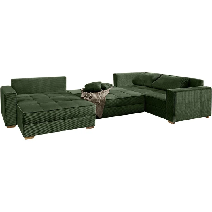 Wohnlandschaft U-Form Sofa Schlaffunktion Couch Bettkasten Cord in Grün – Bild 7