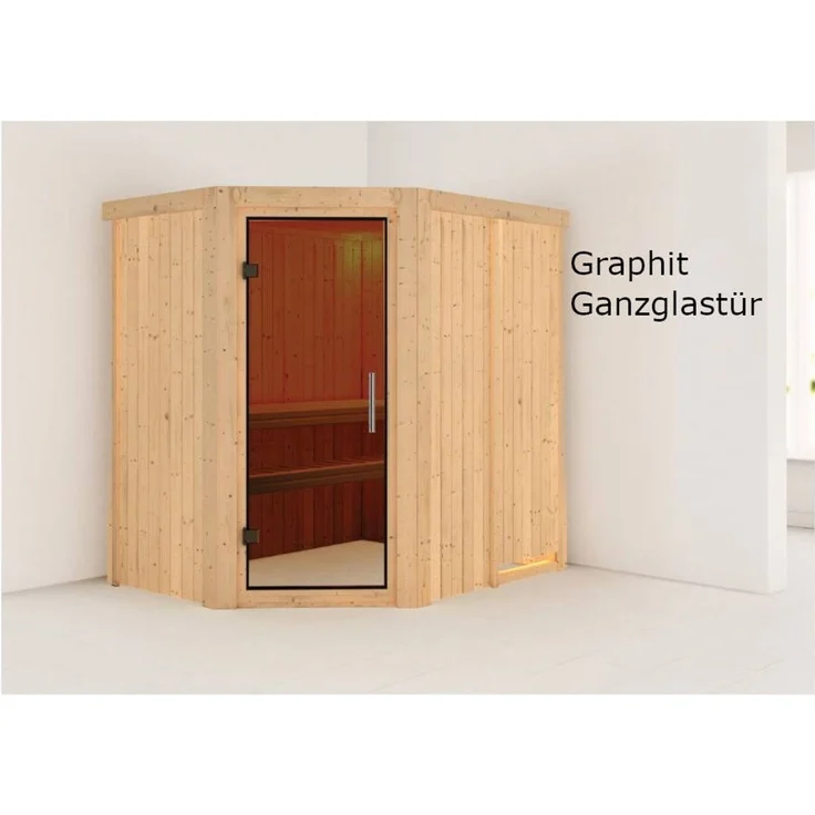 Karibu Sauna Carin + 9kW Saunaofen mit integrierter Steuerung Klarglas Ganzglastür – Bild 6