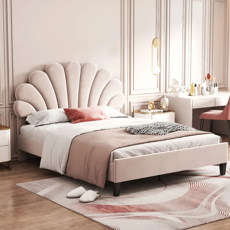 Polsterbett Doppelbett 140 x 200 cm, Bettrahmen mit blumenförmigem Kopfteil und Lattenrost, Erwachsenen-Jugendbett in hautfreundlichem Samtstoff, Gästebett Beige