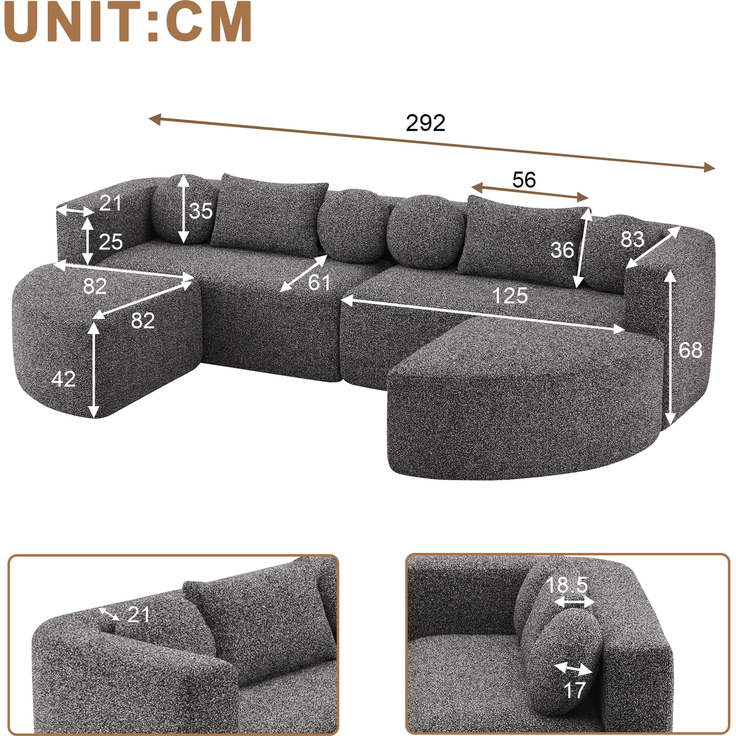 Merax 4-Sitzer Sofas, 292cm Modulare Sofa, Modulare Schlafcouch mit Schlaffunktion, Vollkomprimierte Cloud Couch, Chenille, Ohne Montage, Schwarz – Bild 4
