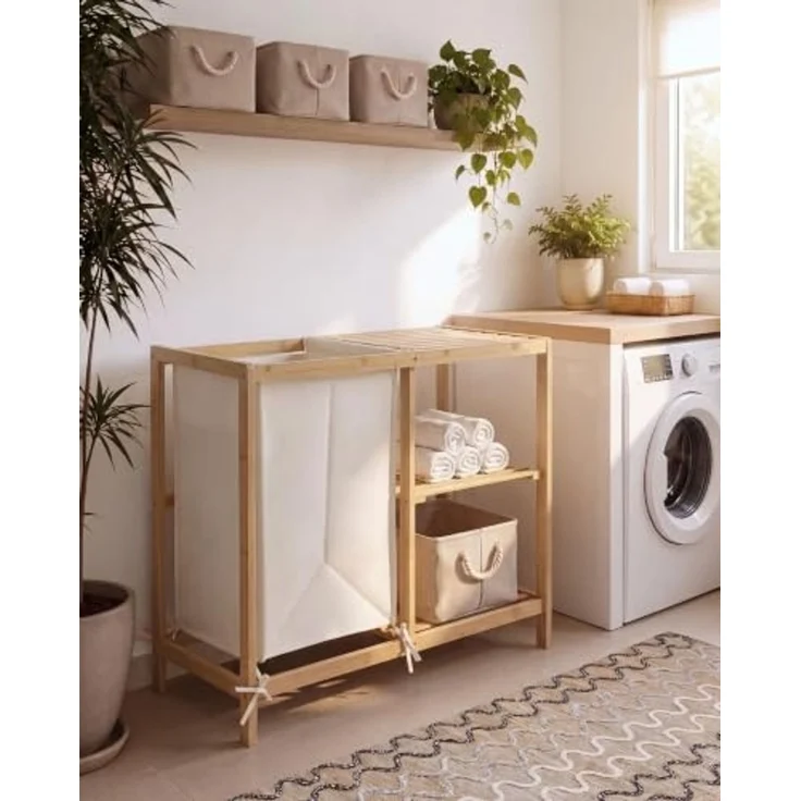 Badezimmerschrank PUILAR 68 cm mit Wäschekorb Bambus Hellbraun – Bild 2
