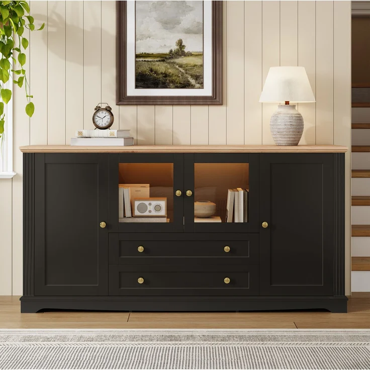 Sideboard 160 x 40 x 80,5 cm mit Glastüren, Schubladen und App-steuerbarer LED-Beleuchtung – Bild 1