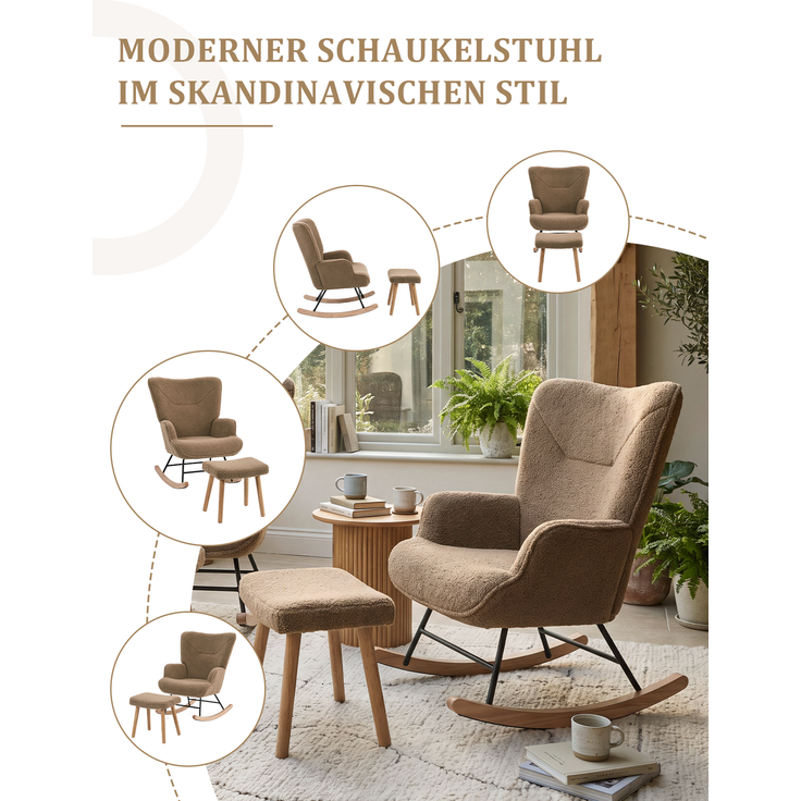 GOEURVANT 5006 Schaukelstuhl mit Hocker (Relaxsessel, Ohrensessel), Teddy-Stoff - Braun – Bild 10