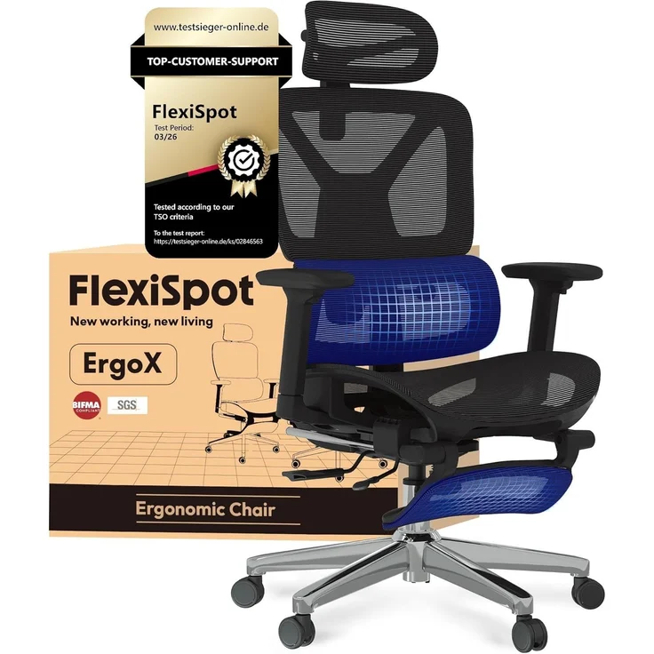 FLEXISPOT Ergonomischer Bürostuhl Schreibtischstuhl mit Fußstütze, 3D-Armlehnen, 3D-Kopfstütze, 5D-Rückenlehne, Atmungsaktiver Sitz Belastbar bis 136 kg Arbeitsstuhl, ErgoX, Schwarz