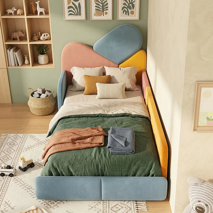 TavilaEcon Polsterbett Weiches Bodenbett mit gepolstertem Kopfteil & Fallschutz Blau+Pink+Orange Liegefläche 90 × 200 cm – Bild 1