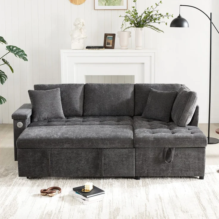 3-Sitzer Sofa mit Bettfunktion, Stauraum, Zierkissen, Rückenkissen, USB und Type-C, Liegefläche erweiterbar, Schlafsofa, Ecksofa, L-Form, Chenille – Bild 2