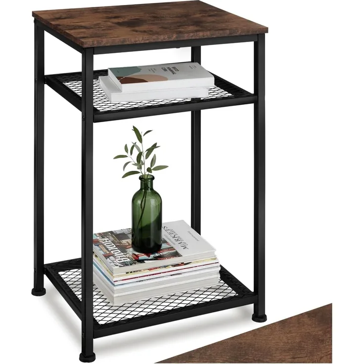 tectake 800916 Beistelltisch aus Holz und Metall, Industrie-Design, Couchtisch mit 3 Ebenen, Davon 2 Gitterablagen, schwarzes Metallgestell (Dunkelbraun | Nr. 404204)