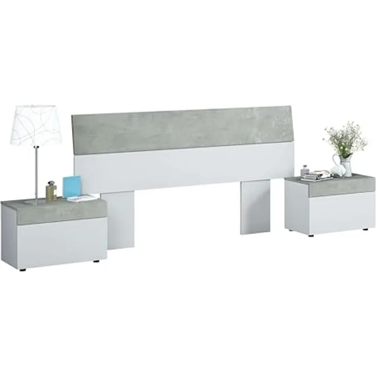 Habitdesign, modernes Kopfteil mit 2 Beistelltischen – Schlafzimmer-Set für Doppelbett in Artik weiß & Zementgrau, viel Stauraum, Maße: 298 x 96,5 x 40 cm (B x H x T), Modell Tekkan