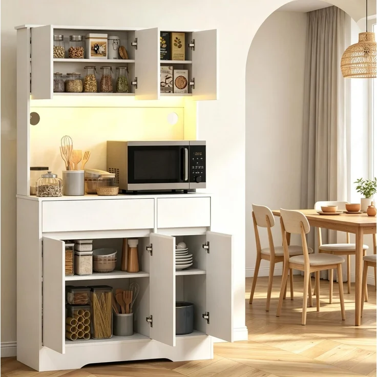 Küchenbuffet 100x38x180 cm mit Arbeitsfläche, Stauraum und RGB-LED-Beleuchtung – weiß – Bild 2
