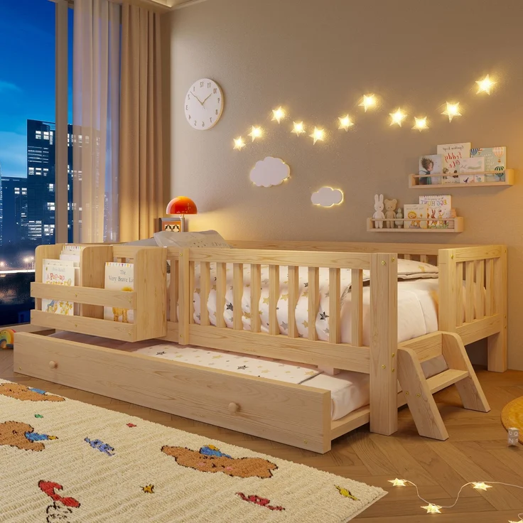 ZUBALIYA Holzbett 90 x 200 cm – Ausziehbett, flexible Montage, Geländer, MDF, Kiefer, Holzfarbe – Bild 2