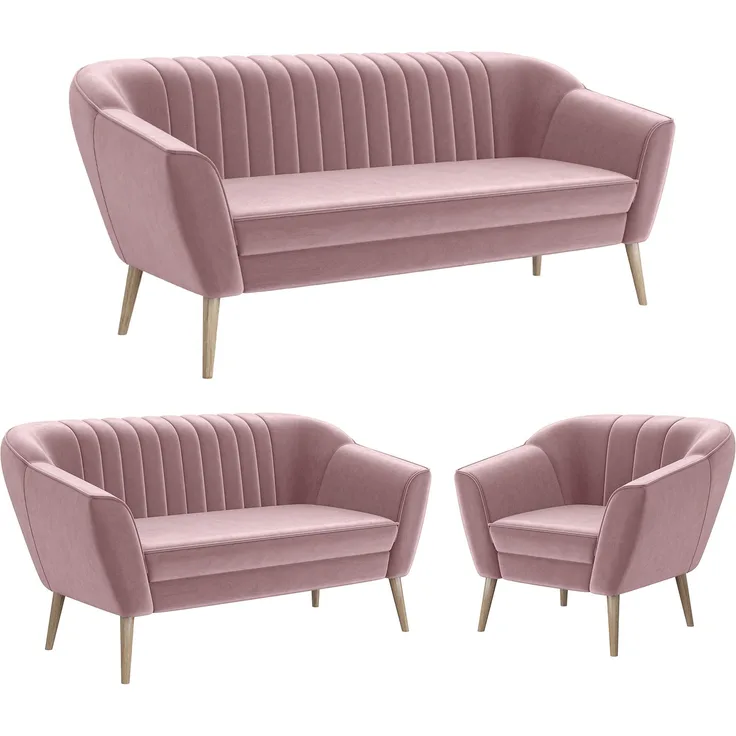 MEBLINI Sofa-Set KAIA 3+2+1 - Rosa Samt - für Wohnzimmer - Mini Lounge für sechs Personen - Küchensofa - Sofa Klein - Sitzgarnitur - Polstergarnitur - Sofagarnituren
