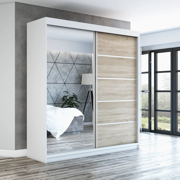Schwebetürenschrank GAP 2-türig Schrank 180 cm (mit Spiegel) Farbe: Weiß, sonoma – Bild 2