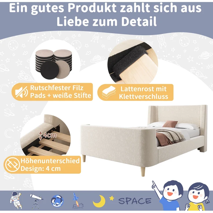 Kinderbett Schlittenbett, Samt mit Weltraum-Muster & Lattenrost, 99x212x76 cm, Beige, ohne Matratze – Bild 6