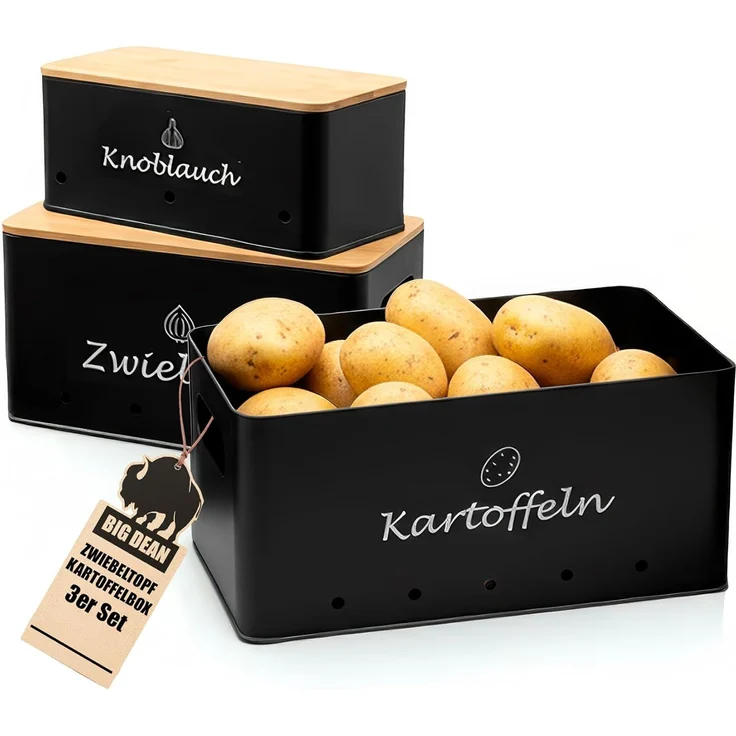 BigDean Kartoffelkiste 3er Set Kartoffel Aufbewahrungsbox für Kartoffel, Zwiebel & Knoblauch (Set, 6 St, Gemüseboxen), Stapelbar, Robuster Verzinkter Stahl, Belüftet, Rutschfest – Bild 7
