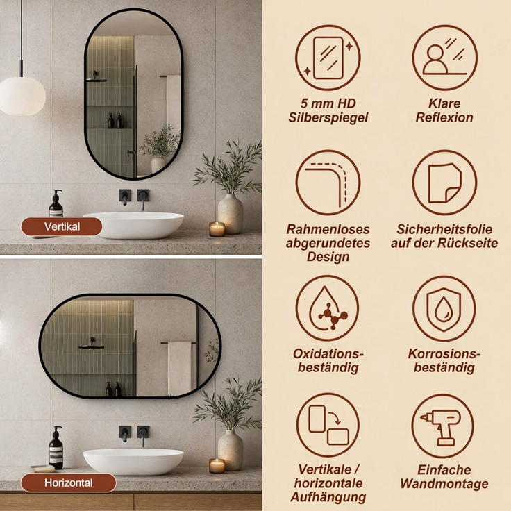 Badspiegel 50 × 80 cm mit schwarzem Aluminiumrahmen – 5 mm HD Silberspiegel, Sicherheitsfolie, klare Reflexion, horizontal & vertikal montierbar--Silber--80x50x3cm--YOUDENOVA – Bild 5