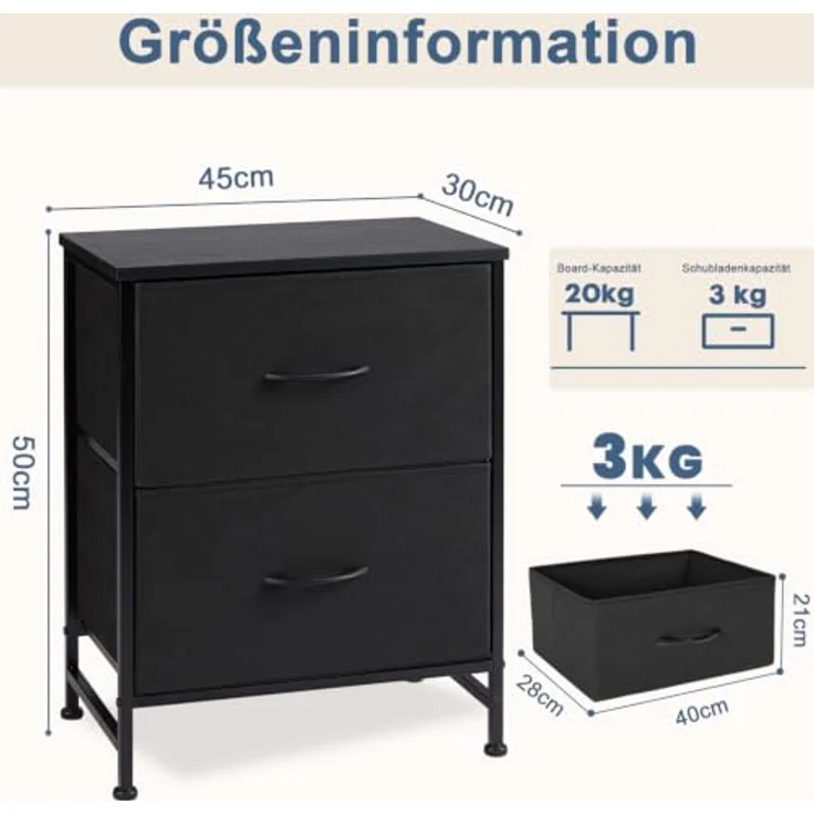 DUMOS Kommode 2er Set für Schlafzimmer mit Stoffschubladen hohe Organizer für Kleidung Schrank Kinderzimmer Aufbewahrungsturm mit Schrank Metallrahmen Holzplatte leichte (Schwarz) – Bild 3