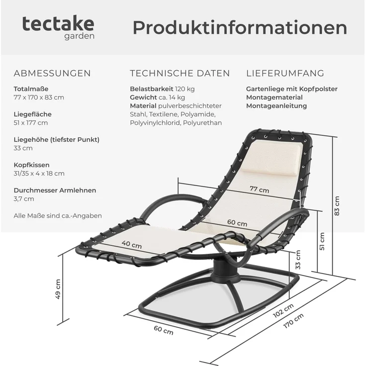 tectake Gartenliege Toulon, 1 St, Ergonomische Gartenliege mit sanfter Schwingfunktion – Bild 2