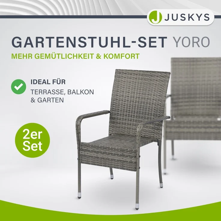 Juskys Polyrattan Gartenstühle Yoro 2er Set - mit Armlehnen & Rückenlehne - 2 Stühle stapelbar - Rattan Stuhl Garten - Stapelstuhl Grau-meliert – Bild 2