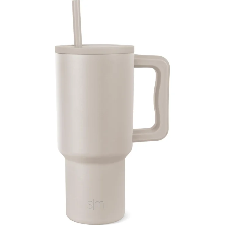 Simple Modern Thermobecher mit Strohhalm und Griff | Isolierter Edelstahl-Trinkbecher Eiskaffee-Reisebecher | Geschenke für Frauen und Männer | Trek | 890ml | Almond Birch