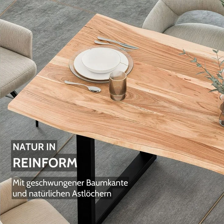 Liadomo Baumkantentisch Hugo, Baumkantentisch, Esstisch, Massivholztisch, Esszimmertisch, mit Esstischplatte aus Akazie und Metallgestell in U-Form – Bild 2