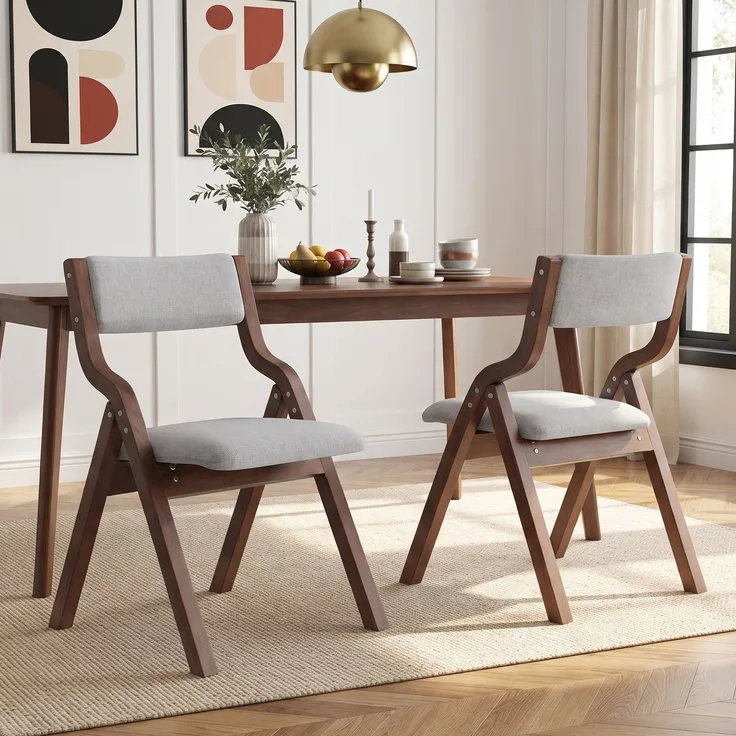 2 klappbare Esszimmerstühle, Esszimmerstühle aus Massivholz, bequem und atmungsaktiv, faltbar und verstaubar, geeignet für Esszimmer, Wohnzimmer, Café, moderner Stil, Leinen, Grau--Herde--55x49x81cm--YOUDENOVA