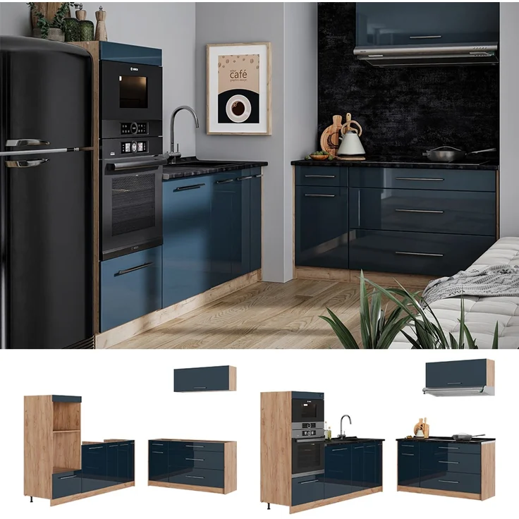 Küchenzeile Fame-Line Dunkelblau Hochglanz/Goldkraft Eiche 340 cm ohne Arbeitsplatte Vicco – Bild 4