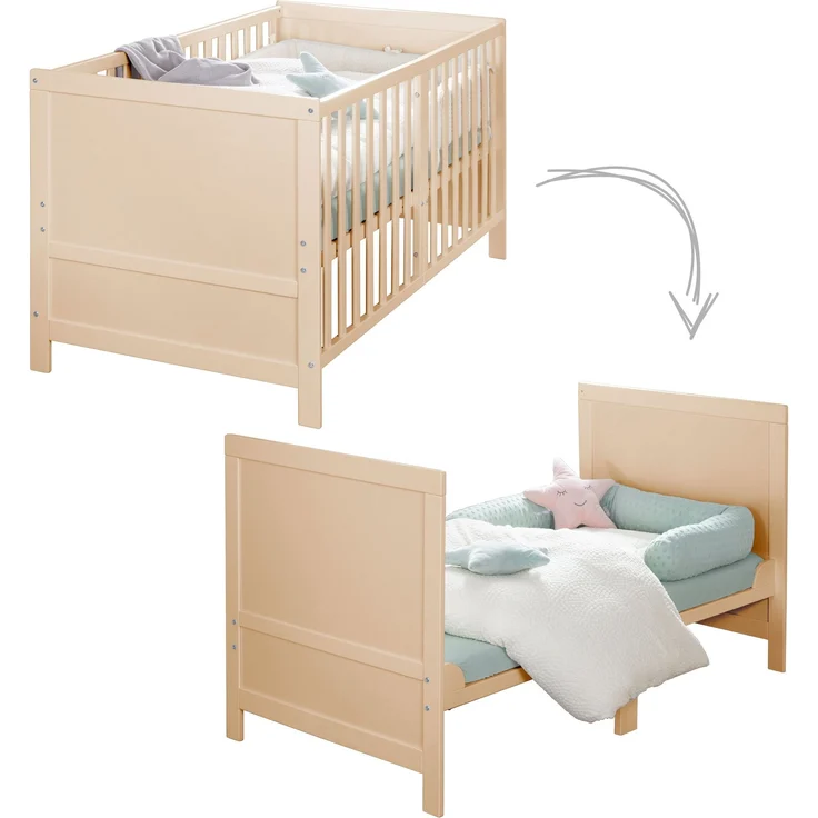 roba Babybett EASY SLEEP 70 x 140 cm inkl. Umbauecken + Matratze safe asleep® Roll Air - Mitwachsendes Gitterbett 3-fach höhenverstellbar - 3 Schlupfsprossen - Holz natur – Bild 3