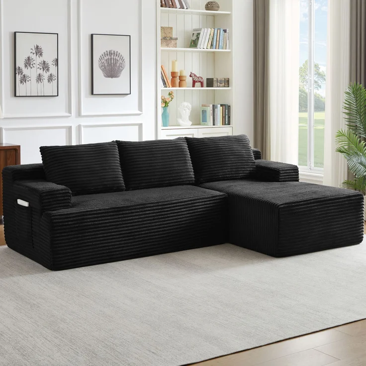 ZUBALIYA Knochenloses Sofa, L‑förmiges Cloud‑Ecksofa mit tiefem Sitzkomfort – ohne Montage, modulares Schlafsofa, 66 x 152 x 238 cm, Schwarz, Links – Bild 3