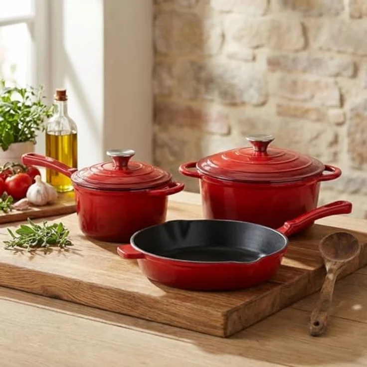 Casativo Gusseisen Topf-Set, 3-teilig, rot, geeignet für alle Herdarten und Backofen, perfekte Wärmeverteilung – Bild 2