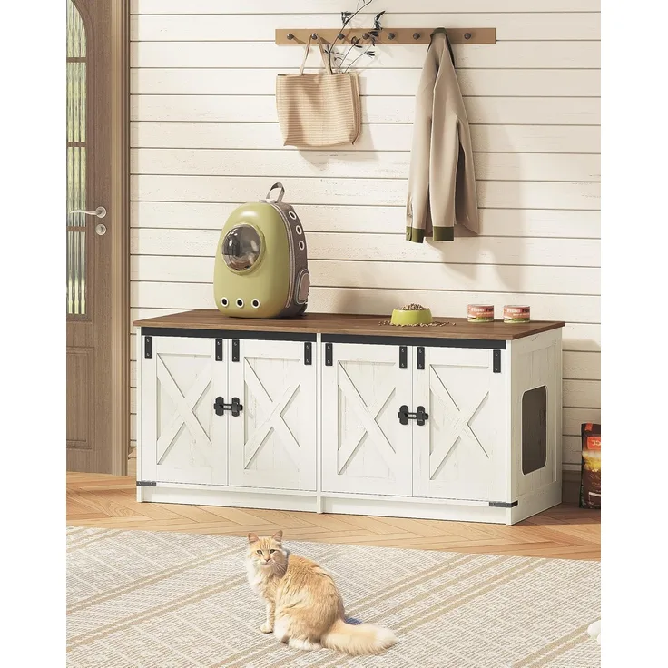 Katzenschrank, Katzenklo Schrank für 2 Katzen, Versteckter Katzentoilettenschrank, Katzenhaus für den Innenbereich, Bauernhausstil, 119 x 48 x 53,5 cm, Braun und Weiß