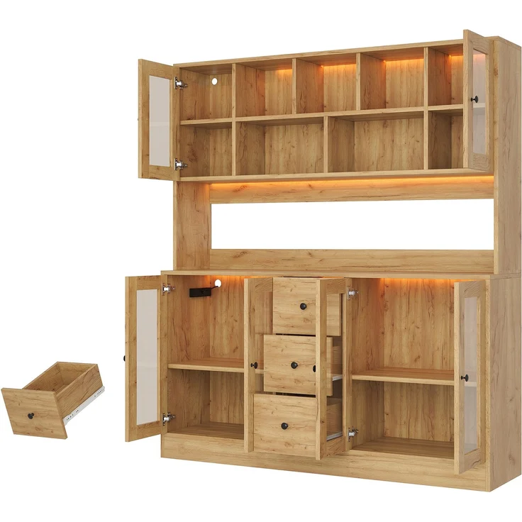 Küchenschrank, hoher Aufbewahrungsschrank mit LED-Beleuchtung und Steckdosen, Vorratsschrank mit 6 Acryltüren und 3 Schubladen, Vitrinenschrank für Wohnzimmer und Esszimmer, 150 × 40 × 173 cm--Natürlich--150x40x173cm--YOUDENOVA – Bild 10