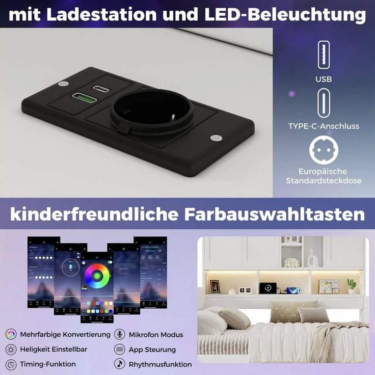 Odikalo Kinderbett Jugendbett 90x200, mit LED USB und Schubladen (mit PU-gepolstertes Kopfteil, Tagesbett, L-förmiges Holzbett, Daybett mit Regale und Schränken) – Bild 4