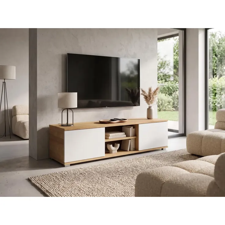 Sleepyshop24 Fernsehtisch 120 cm Breite | TV-Board in Hikora + Weiss | Kompaktes TV-Möbel mit Stauraum & silbernen Füßen, für moderne Wohnzimmer – Bild 3