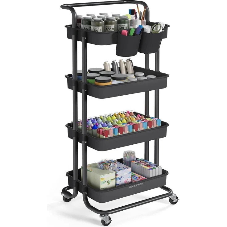 SONGMICS Rollwagen, 4 Ebenen, Servierwagen, Küchenwagen mit Griff, 2 kleine Einhängefächer, 2 Bremsen, Ablagefächer aus Kunststoff, einfacher Aufbau, Schlafzimmer, schwarz BSC077BZ01