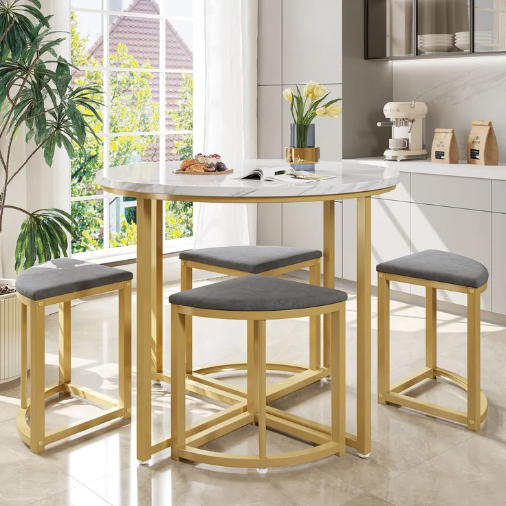 Essgruppe rund 80 cm mit 4 Stühlen, Esstisch Set mit MDF Tischplatte & vergoldetem Metallgestell mit Samtpolster Stühlen – Bild 2
