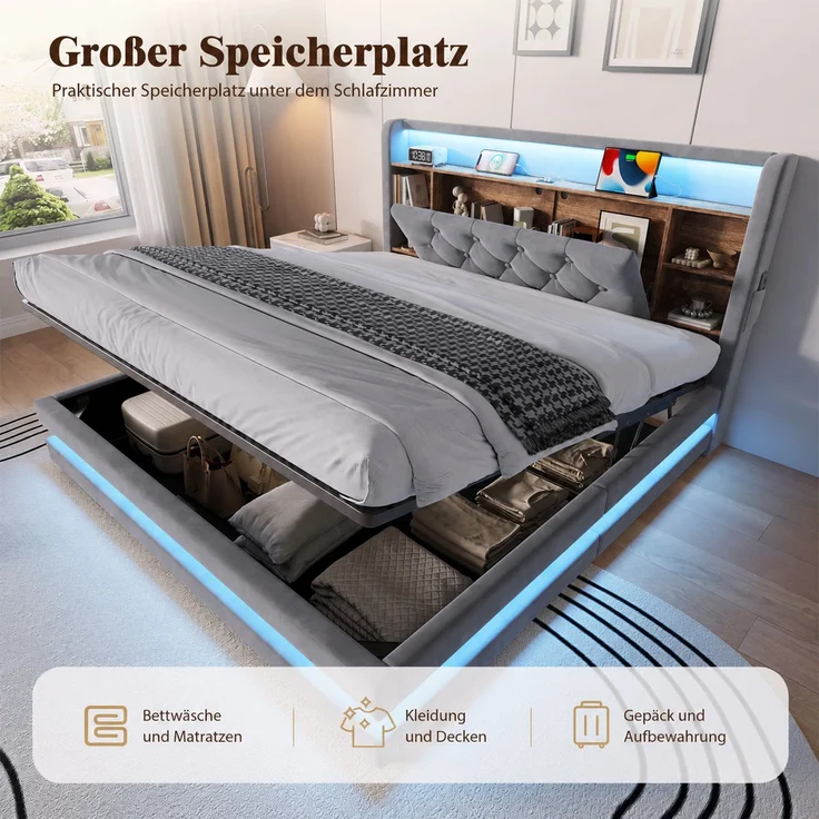 TavilaEcon Boxspringbett Samtbett, Polsterbett mit LED-Beleuchtung & USB-Ladefunktion grau Liegefläche 140 × 200 cm – Bild 4