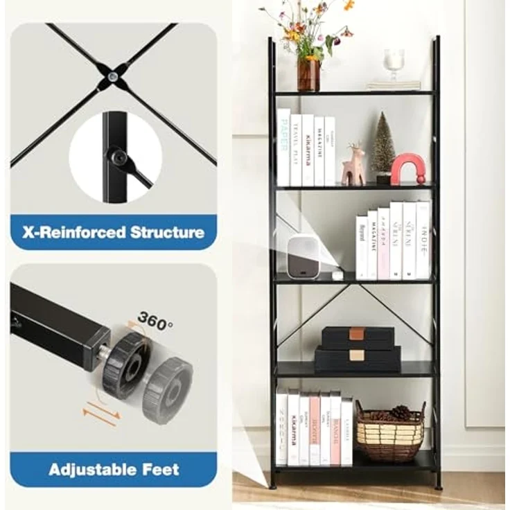 DUMOS Lagerregal mit 5 Ebenen Küchenregal Bücherregal im Industriestil,Standregal im Wohnzimmer Küche Regal aus MDF Metall schmales Leiterregal – Bild 6