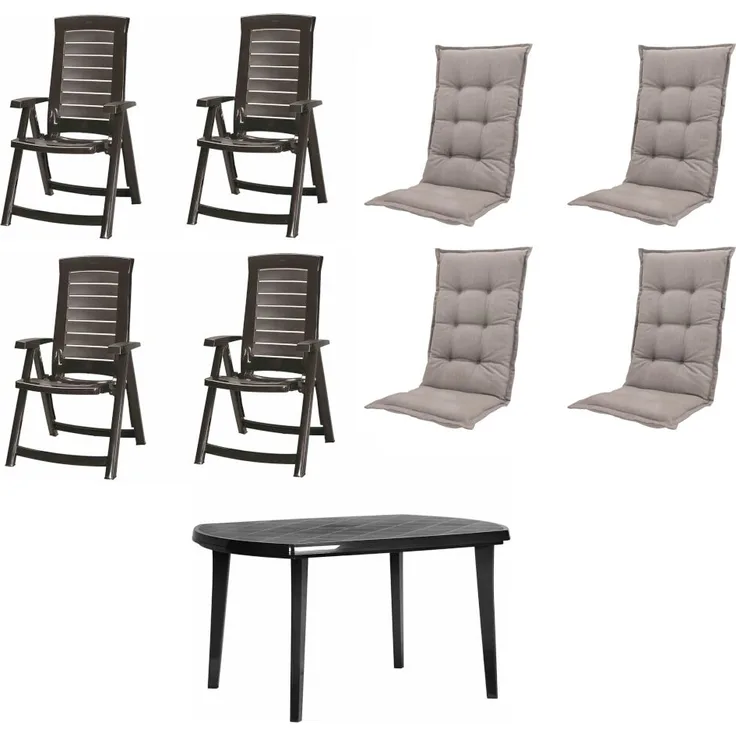 SET Aruba 4 x Klappsessel graphit, 1 x Tisch graphit, 4 x Auflage taupe