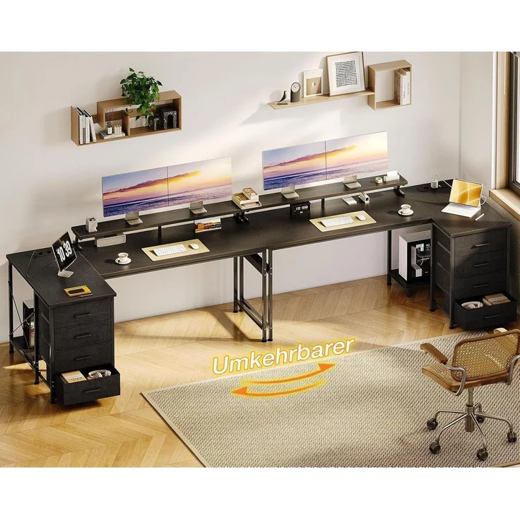 ODK L-förmiger Schreibtisch Schwarz USB-Ladestation 4 Schubladen 160x80cm – Bild 7