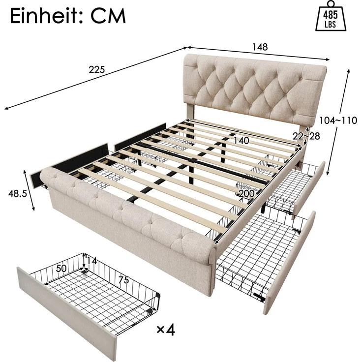 Polsterbett 140x200 cm mit 4 Schubladen, höhenverstellbarem Kopfteil im Scroll-Design, Leinenbett mit Stauraum,inklusive Matratze – Bild 9