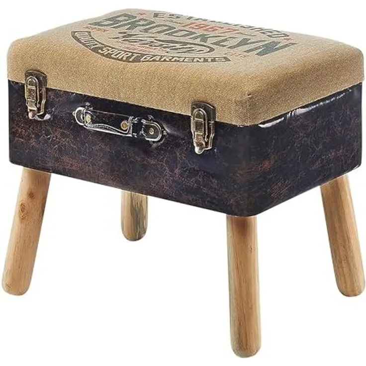 Kobolo Kofferhocker Hocker Polsterhocker - Leinen und Kunstleder - Braun - 50 x 36 x 45 cm