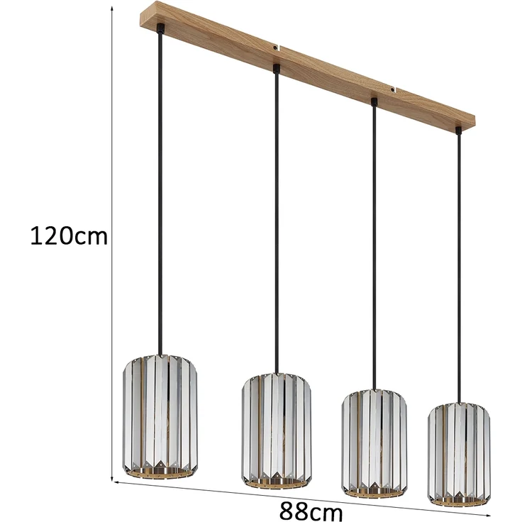 Hängeleuchte, 4-Flammig, Holzoptik, Kristall rauch, L 88 cm – Bild 4