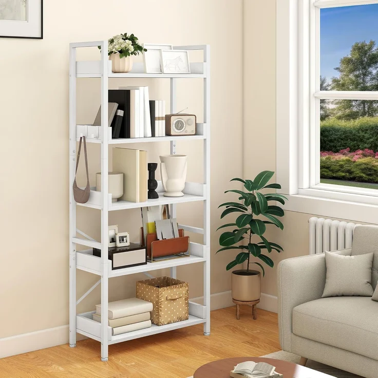 YITAHOME Offenes Bücherregal mit 5 Ebenen, schmal und hoch aus Metall mit 4 Haken, industrielles Lagerregal für Wohnzimmer, Home Office, Reinweiß – Bild 1