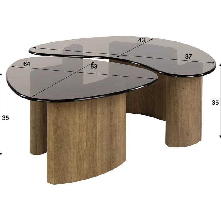 Otin Couchtisch-Set mit Rauchglasplatten und Gestell in Eichenoptik, Organisch – Bild 4