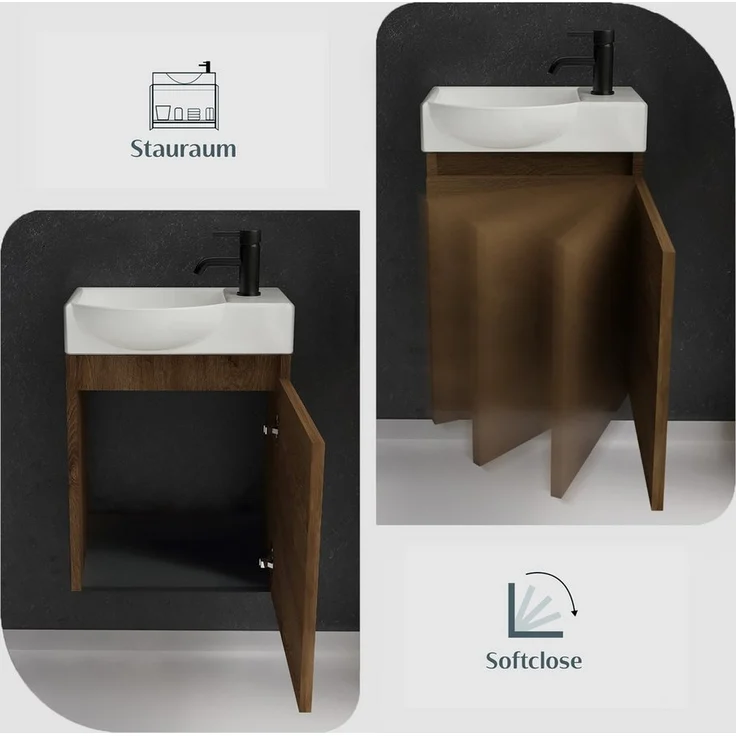 Alpenberger Badmöbel-Set Gäste WC Waschbecken mit Unterschrank - Hängeschrank Vormontiert, (Badschrank 2-tlg, Waschtisch hängend), Waschbeckenunterschrank mit Softclose - Farbe Eiche – Bild 3