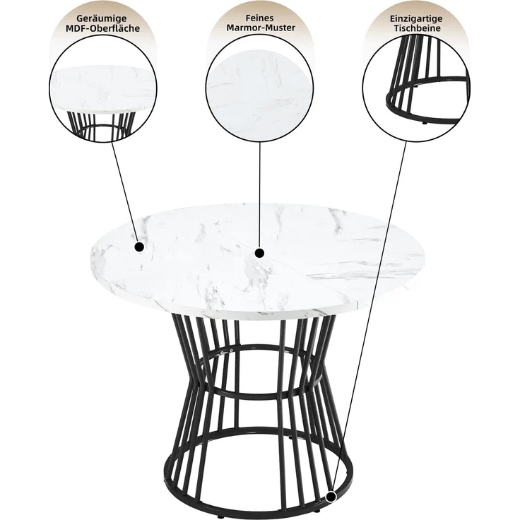 Essgruppe 5 Teilig Rundtisch 100 cm Marmor Optik mit 4 Samtstühlen Metallgestell Küchentisch Set Esszimmer Schwarz & Weiß – Bild 5