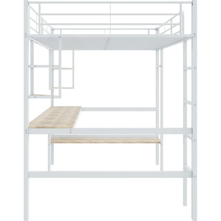 Weißes Metall-Hochbett 140×200cm mit Schreibtisch, 4 kleinen Eckregalen + großem Bücherregal, Stahl+E1-MDF, Weiß, ohne Lattenrost & Matratze, Gesamt L204 × T145 × H180 cm – Bild 10