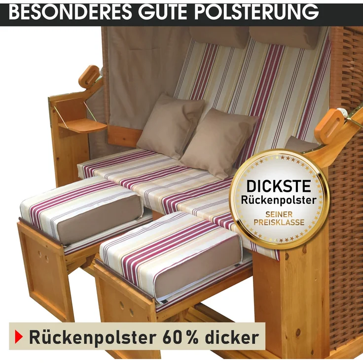 BRAST Strandkorb, Ostsee 3-Sitzer, XXL Volllieger inkl. Schutzhülle, Poly-Rattan, Rot/Beige gestreift, 165 x 160 x 79 cm – Bild 10
